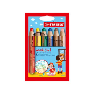 STABILO Crayon multi-talents woody 3 en 1, étui carton de 6