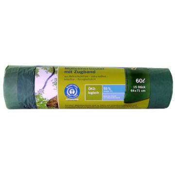 Secolan Sac poubelle à liens coulissants, 60 litres, vert